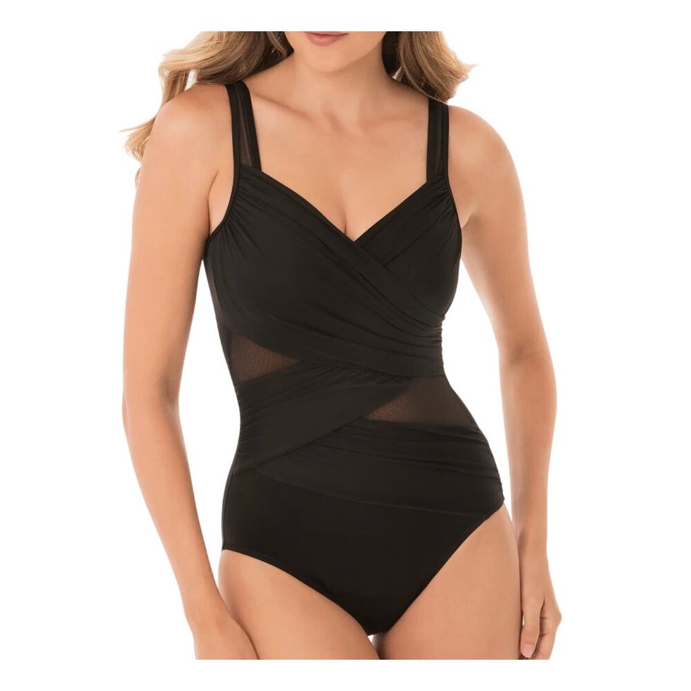 Miraclesuit Network Madero Black Front Wrap Mesh One Piece Slimming Swimsuit